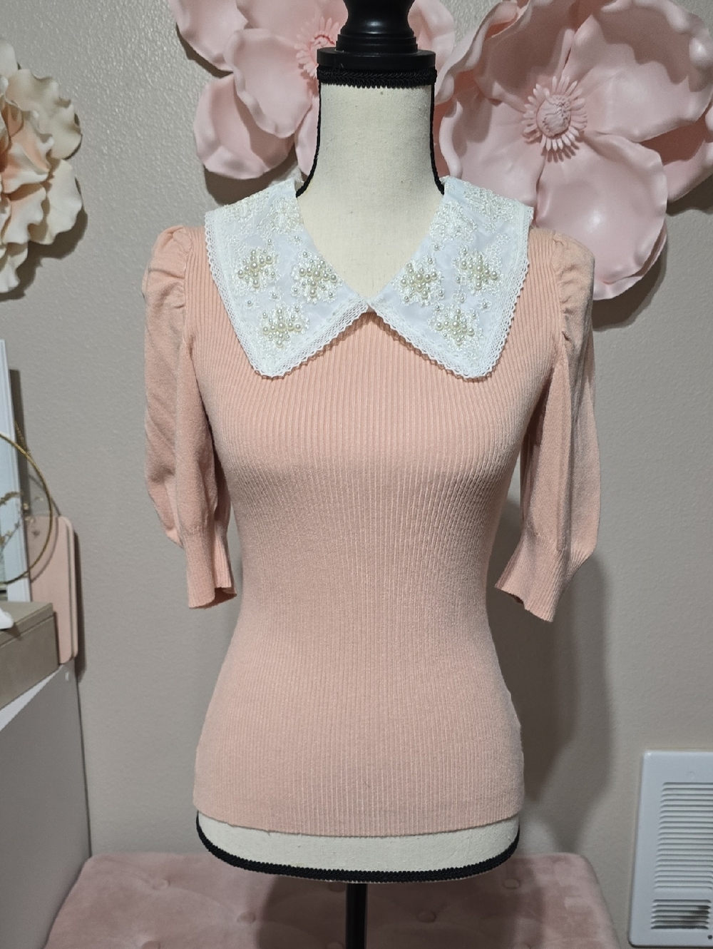 Artwearth Pink Ribbed Knit Top w/ Pearl Embellished Peter Pan Collar Size S
